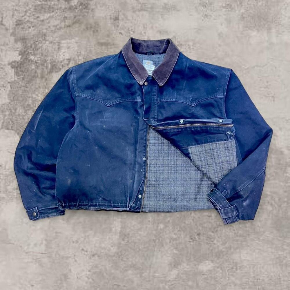 Carhartt Blue Santa Fe Jacket Duck Canvas Pearl Snap Workwear US L Blanket Lined
